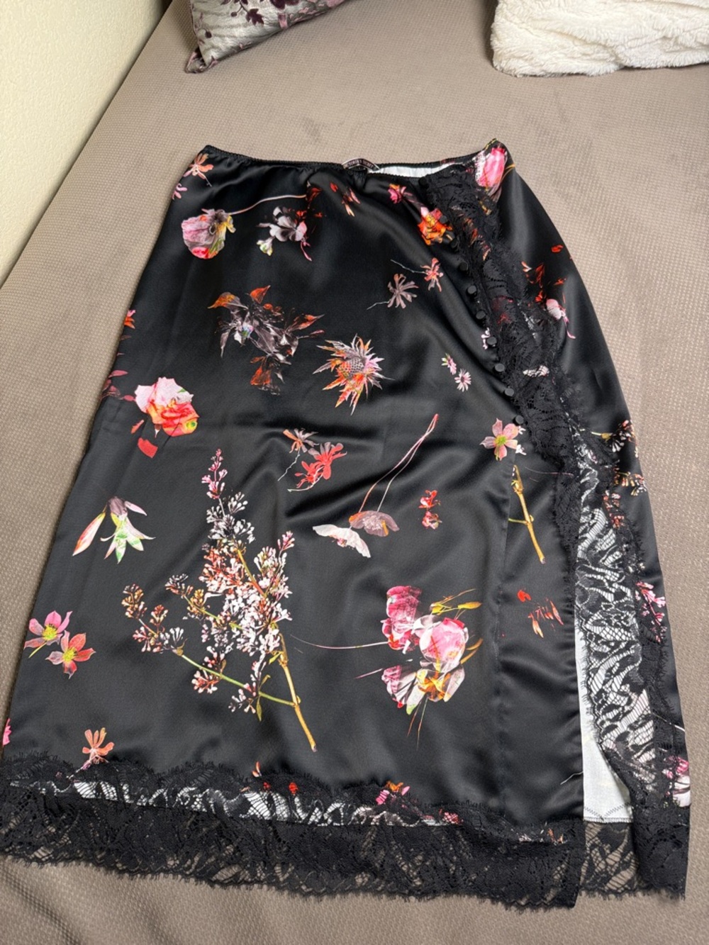 Victoria's Secret Black Floral Satin Midi Skirt with Lace Trim